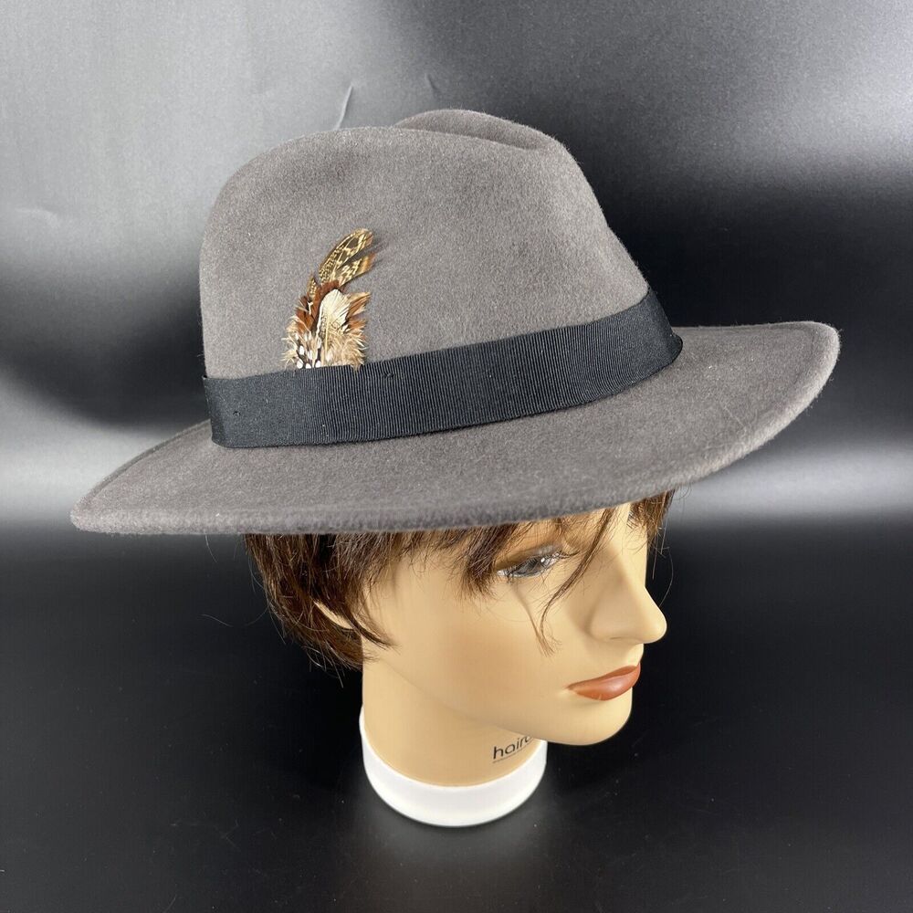 Hats In The Belfry Size Medium Grey 100 Percent Wool Fedora Black Band Feather